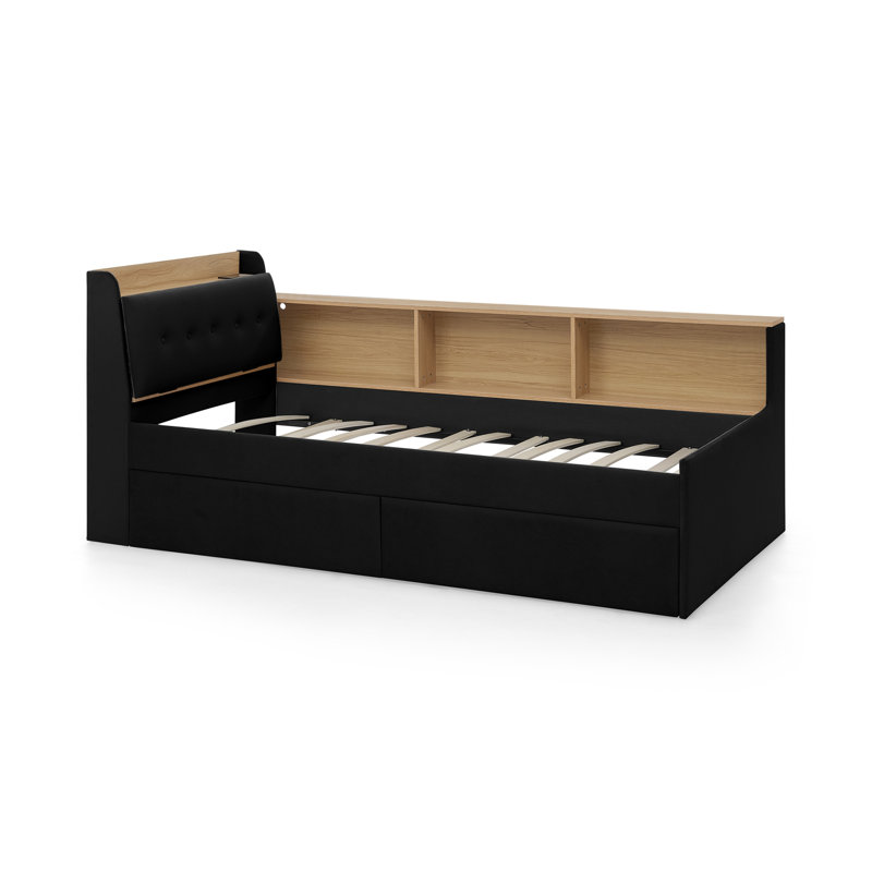 Twin Size Upholstery Velvet Day Bed with Storage Headboard and Wireless Charging, Multi-functional Daybed with Two Storage Drawers & LED Lights