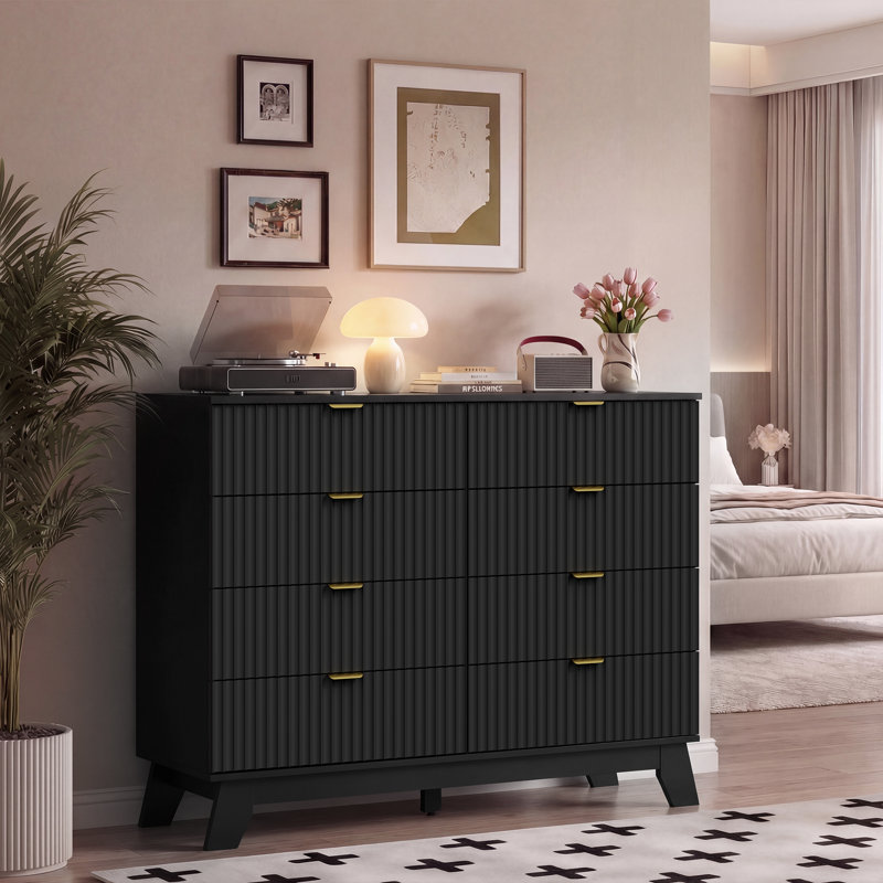 Fluted 8-Drawers Dresser For Bedroom,47''W Boho Storage Dresser & Chest, Black