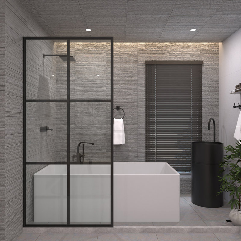 34 In. W X 72 In. H Fixed Framed Shower Door In Matte Black Finish With Patterned Glass