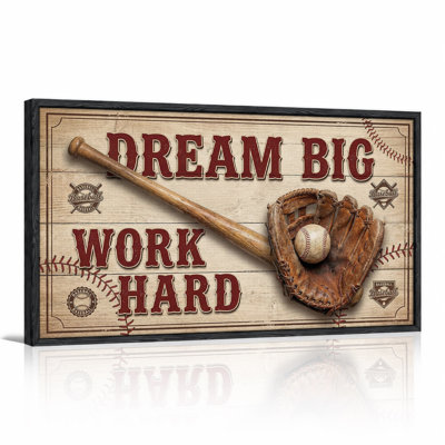 Dream Big Work Hard Baseball Bat And Glove On Wood Canvas Wall Art