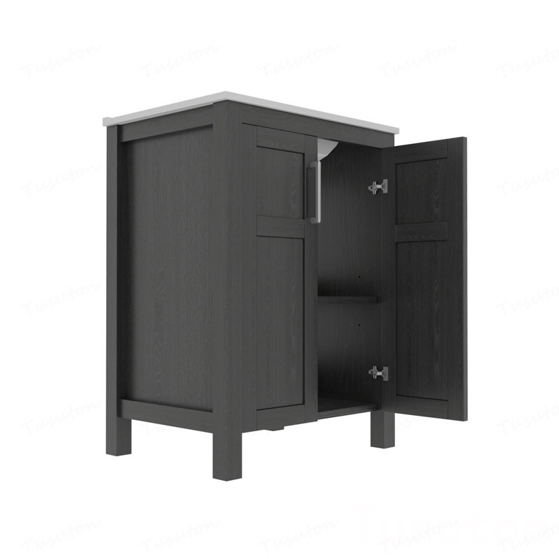 L'armoire de salle de bain de 24 pouces, jumelée à un lavabo en céramique, présente un design moderne et est faite de matériaux imperméables et durables