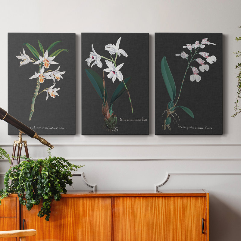 Orchidée sur ardoise IV - ensemble de 3 peintures sur toile tendue, H 48 po x l 96 po x P 1 po