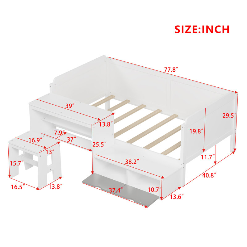 Wooden Twin Size Daybed With Storage Shelves And Lockers, Multi-Functional Bed With Study Desk And Matching Stool, White