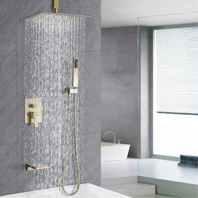 Brushed Gold 12Inch Shower Featuring Waterfall Spout & Flexible Handheld Kit Kit: With Tub Swiveling