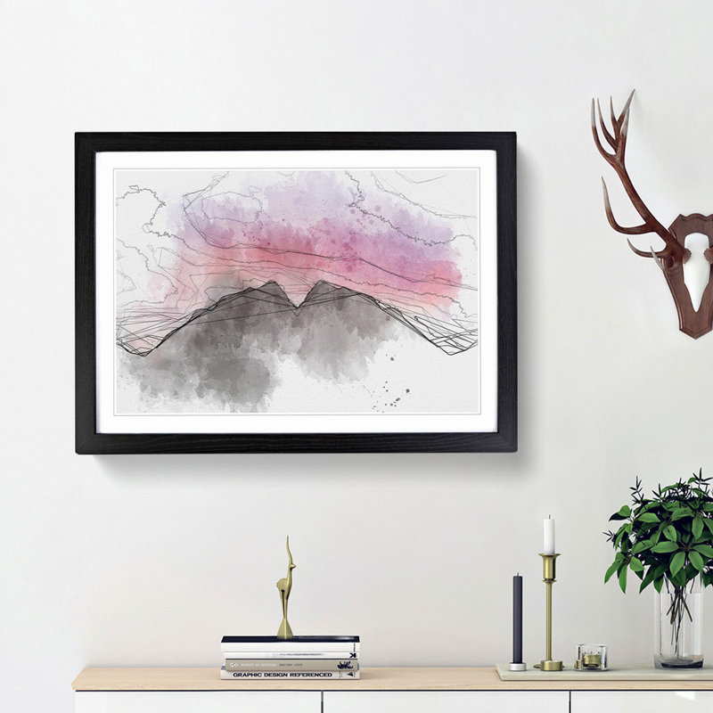 Mountain Mirror in Abstract - Picture Frame Drawing Print, 62cm H x 87cm W x 2cm D, Black Framed