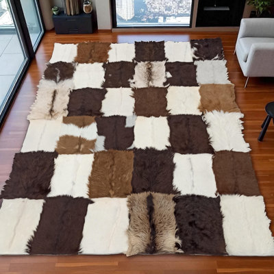 Natural Brown Goatskin Patchwork Rug, Real Goat Hair Carpet, Rectangular Area Rug, Handmade Goat Hide Rug, Custom Size Rug_8.83 X 12 Ft