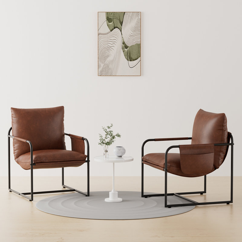 Chaise d'appoint rembourrée avec pochette de rangement, Lin brun / similicuir