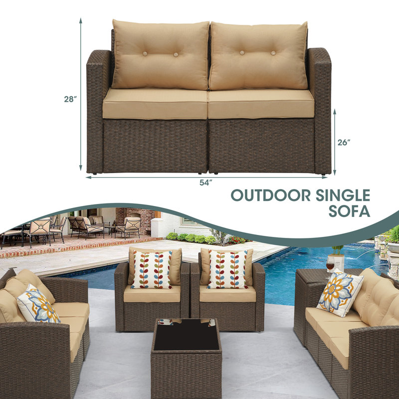 Causeuse de patio, coussin gris clair en osier, Structure brune / coussin kaki