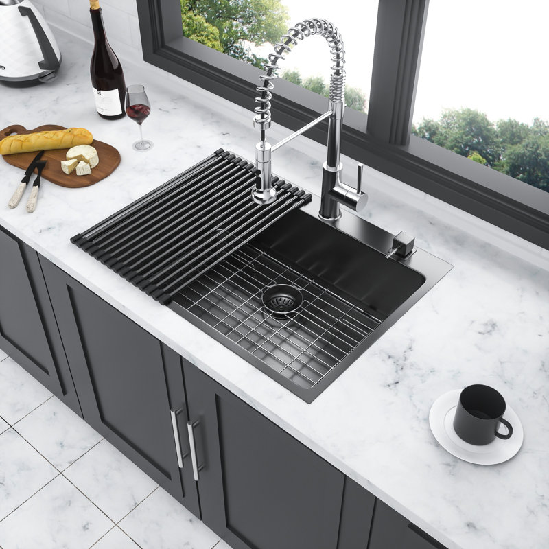 Évier de cuisine en acier inoxydable de calibre 16 avec cuve noire 33 x 22 pouces avec isolation phonique avancée