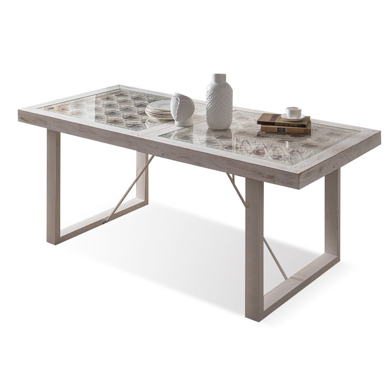 White Rectangular Solid Wood + Iron + Tempered Glass Dining Table