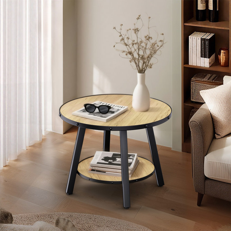 Table de bout ronde 23,6 po avec tablettes à 4 niveaux et 2 niveaux pour le salon et la chambre à coucher, Bois naturel