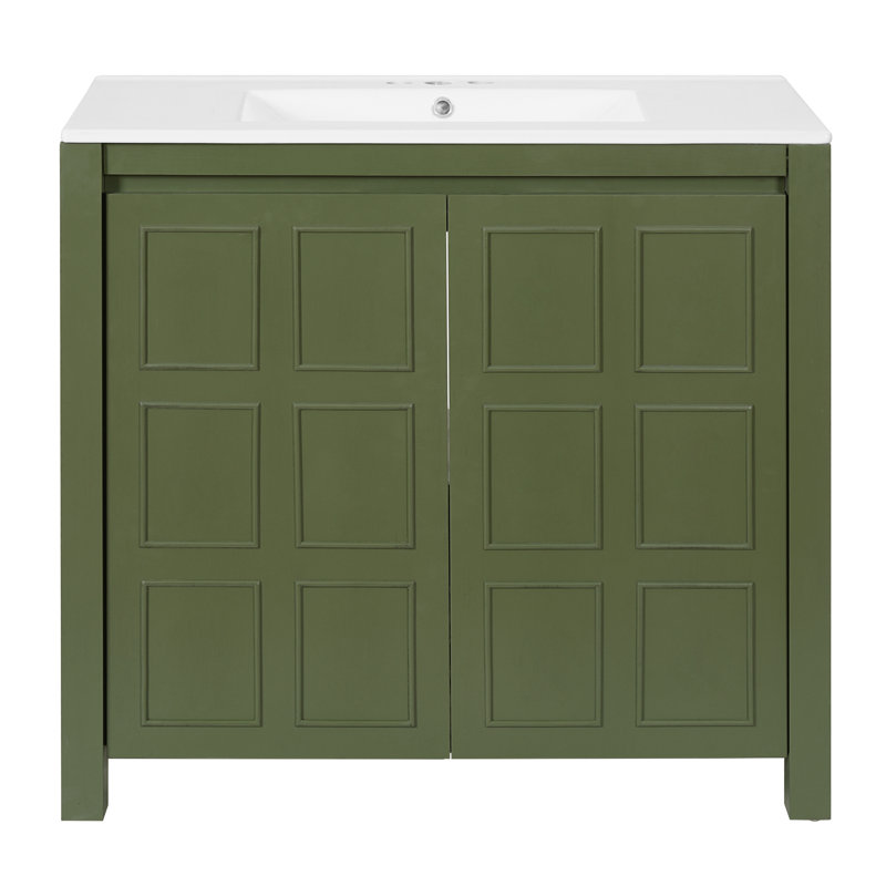 Meuble-lavabo vert olive avec lavabo en céramique, portes à fermeture douce et grand espace de rangement