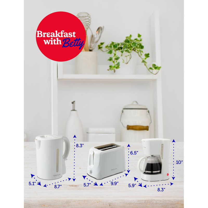 Betty Crocker 3-Piece Kitchen Appliances Set: 5-Cup Automatic Drip Coffee Maker, 1.7L Electric Kettle & 2-Slice Toaster
