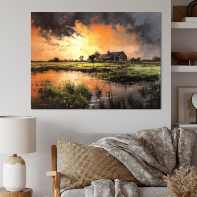 «Glorious Sunset Over Waterway In Fields», reproduction d'art rétro sur toile