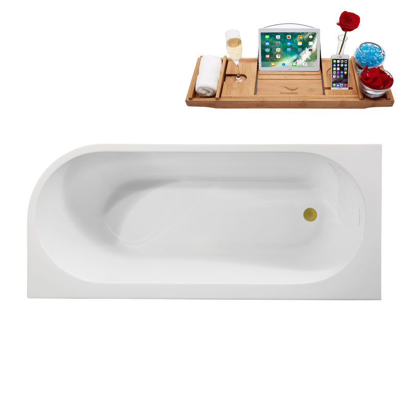 67" Streamline Soaking Freestanding Tub and Tray With Internal Drain, Brushed Gold