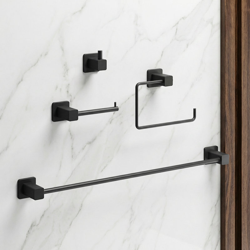 VIGO Meridian 4-Piece Matte Black Bathroom Hardware Set with 24-in Towel Bar, Toilet Paper Holder, Hand Towel Holder and Hook