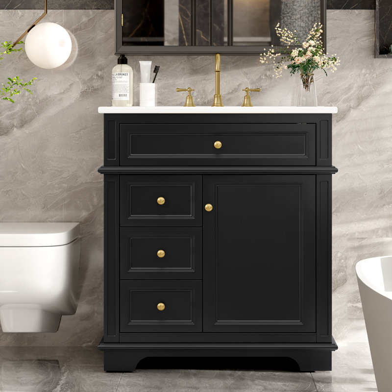  Meuble-lavabo de salle de bain avec lavabo, un tiroir basculant, trois tiroirs, tablette de porte, porte à fermeture douce, noir