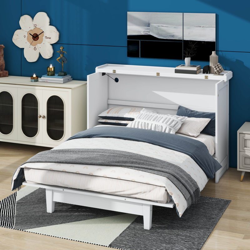 Lit escamotable double avec 3 tiroirs de rangement et station de charge, lit armoire en X, Blanc