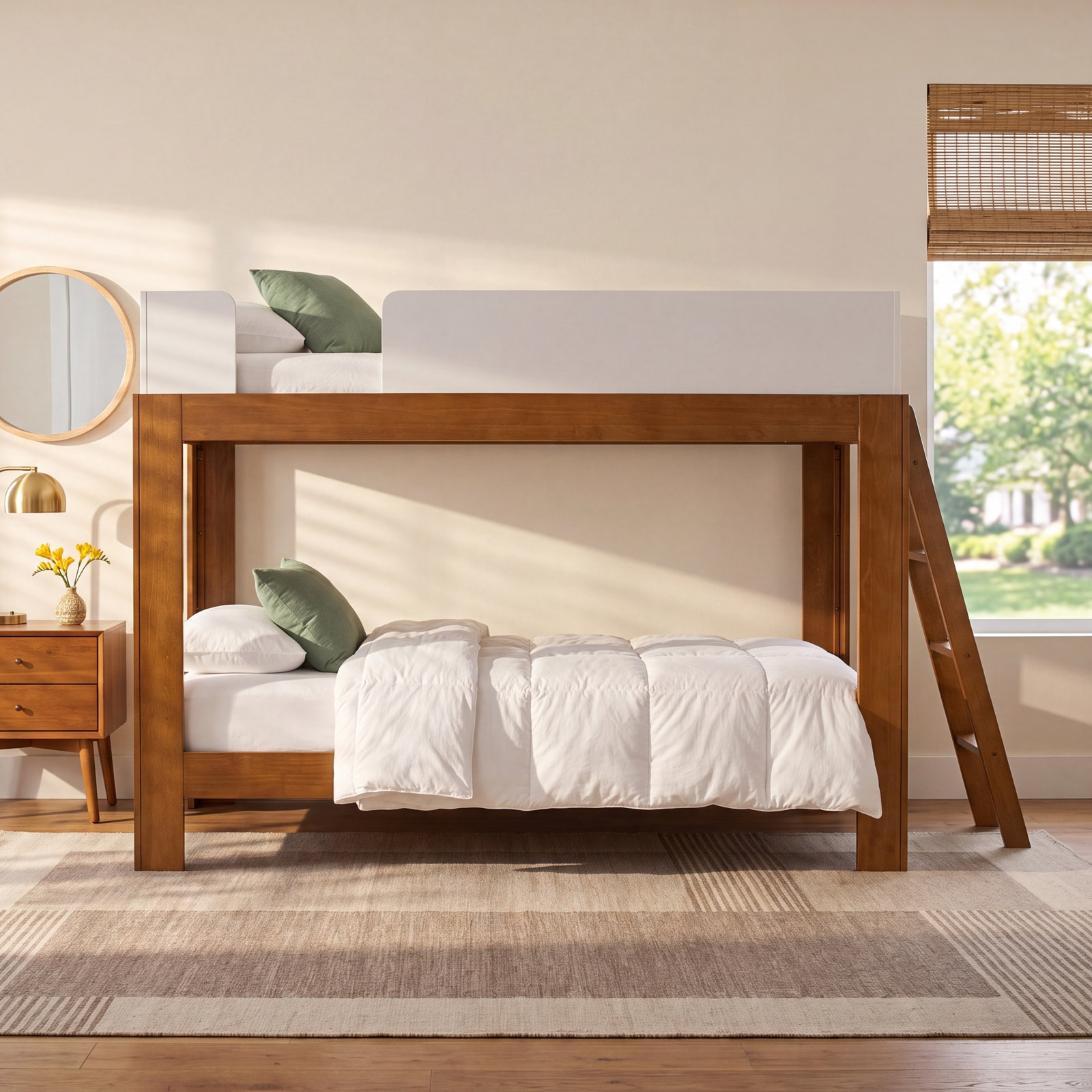 Ambur Twin Over Twin Bunk Bed, White/Pecan