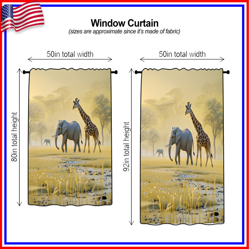 Éléphant et girafe, rideaux occultant et occultant - 1 panneau, 50" x 92" - 1 Panel, Transparent