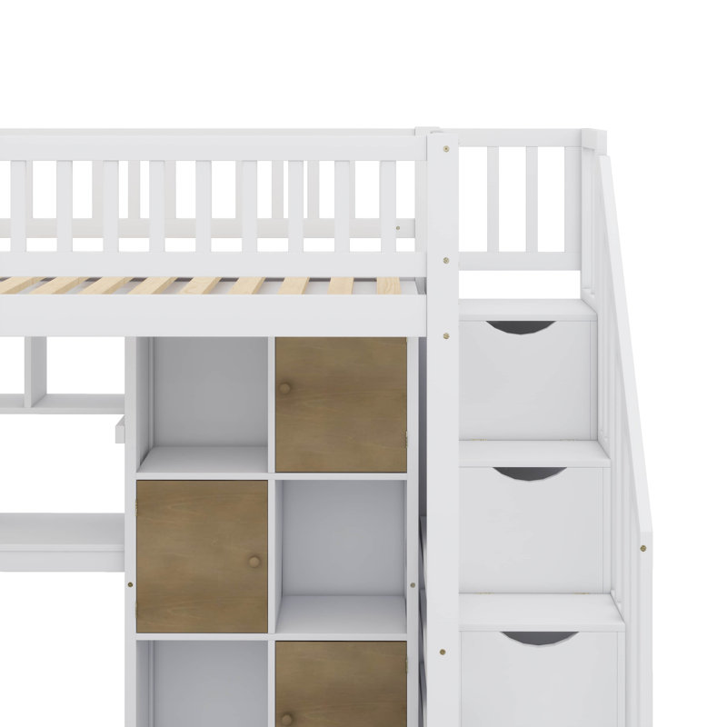 Lit surélevé en bois pour lit simple avec bureau, lumières DEL et supports de rangement, White