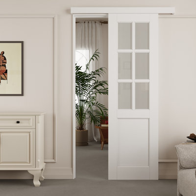 Ready-To-Install White Primed 6-Lite Frosted Glass Barn Door With Hidden Track Installation Hardware Kit