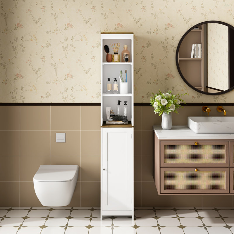 Tall Bathroom Storage Cabinet With Reversible Door, Freestanding Linen Tower With Open Shelves And Enclosed Cabinet, Narrow Floor Cabinet Organizer For Bathroom, Laundry Room Or Small Spaces – White