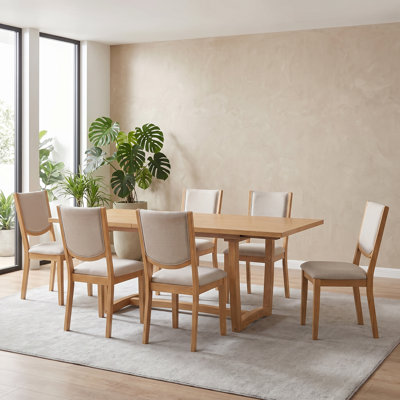 7-Piece Extendable Dining Table Set with 6 Upholstered Chairs, Center-Extension Tabletop & Curved Back Seating – Rectangular Kitchen Table for 6, Dini