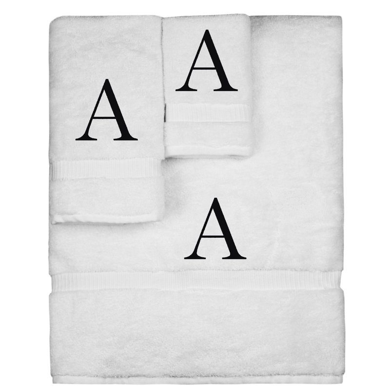 Ensemble de serviettes monogrammées - ensemble de 3 - lettre-bloc, A, Blanc / noir