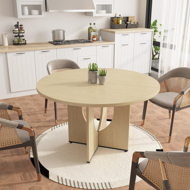 47 Inch Round Dining Table for 4-6 People, Modern Farmhouse Kitchen Table, Beige