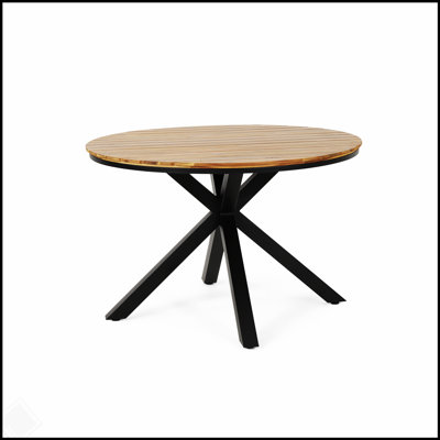 Table de salle à manger d'extérieur avec plateau en bois d'acacia teck et pieds en métal noir, parfaite pour les cours et les patios modernes