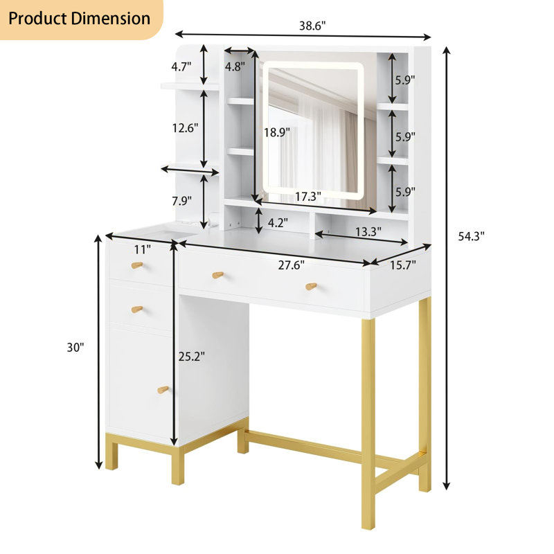 Bureau de coiffeuse blanc avec miroir et lumières, coiffeuse de maquillage avec miroir à DEL et prise de courant, 3 couleurs d'éclairage pour la chambre à coucher