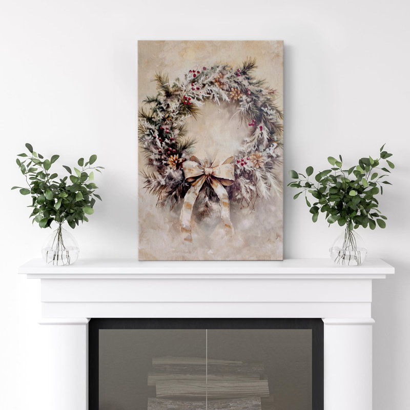 Couronne de sapin de Noël d'hiver avec baies, pommes de pin et ruban, art moderne, Toile tendue, H 18 po x l 12 po