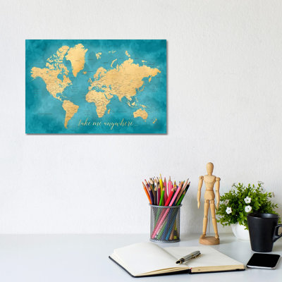 Take Me Anywhere Gold And Teal Detailed World Map by Blursbyai - Gallery-Wrapped Canvas Giclée on Canvas
