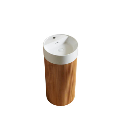 16 Inch Freestanding Cylindrical Bathroom Cabinet with Solid Surface Round Basin, 3D Textured Solid Wood, Space-Saving Column Design, Pre-Drilled Faucet Hole