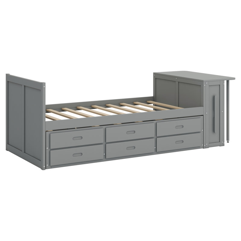  Gunnell Twin Size Multifunctional Wood Platform Bed With Desk And Storage Shelf At The End Of The Bed, Built-In Trundle And 3 Drawers