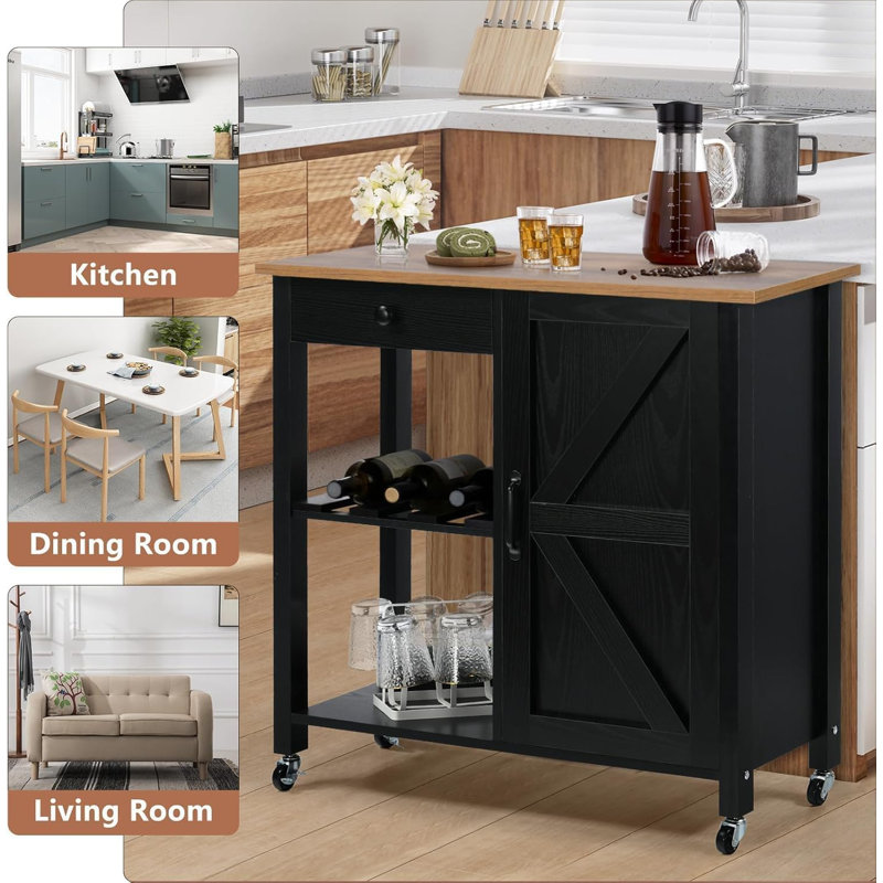 Îlot de cuisine, station de chariot, chariot de cuisine avec tablette réglable et support à vin, chariot de micro-ondes avec rangement, îlot de cuisine roulant avec rangement sur roulettes verrouillables