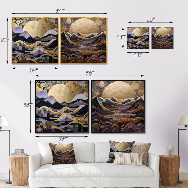 Golden Rising Moon - ensemble de 2 collage paysage carré moderne, H 30 po x l 61 po, Toile tendue