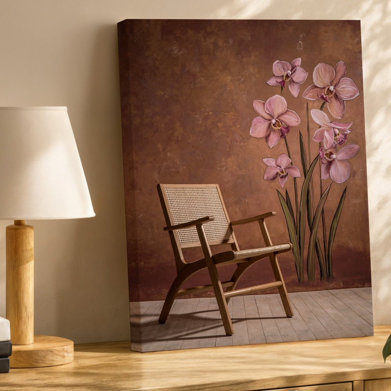Toile d'une scène intérieure sereine avec une chaise en bois simple avec art mural, H 12 po x l 9 po