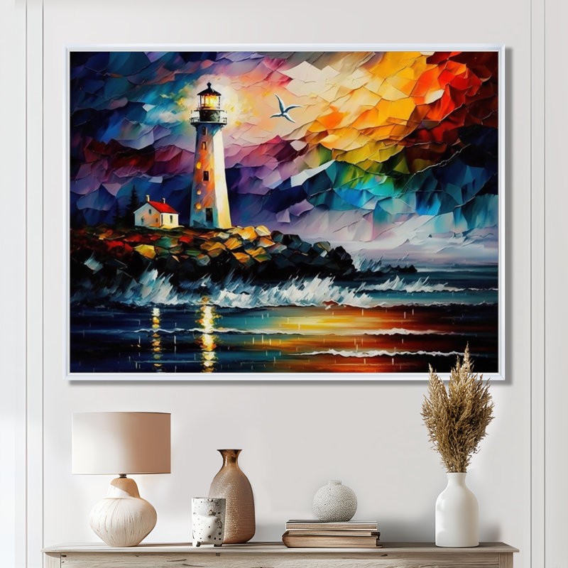 Phare par l'océan V - art mural Coastal Light House, H 30 po x l 40 po x P 1,5 po, Cadre flottant blanc