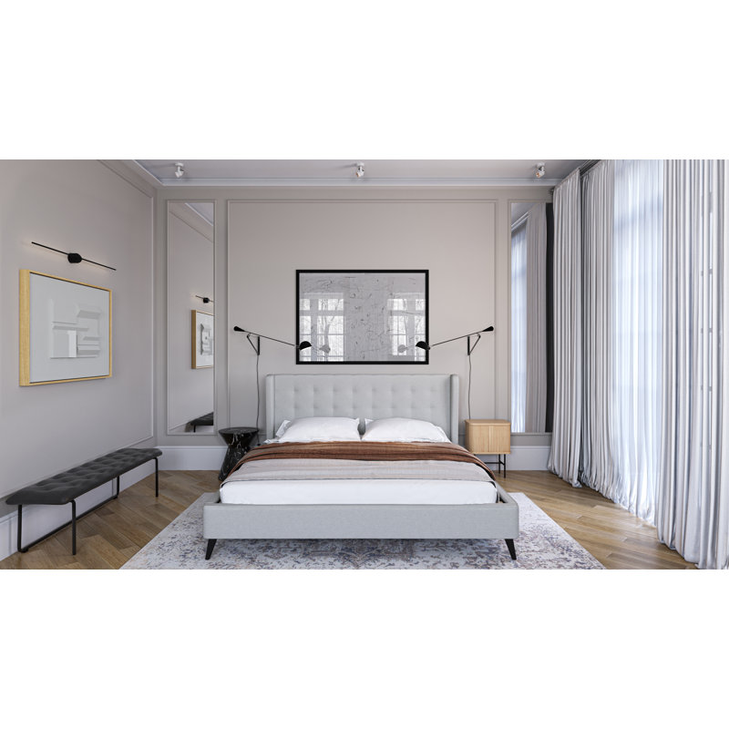 Light Gray Queen Upholstered Tufted Wingback Bed