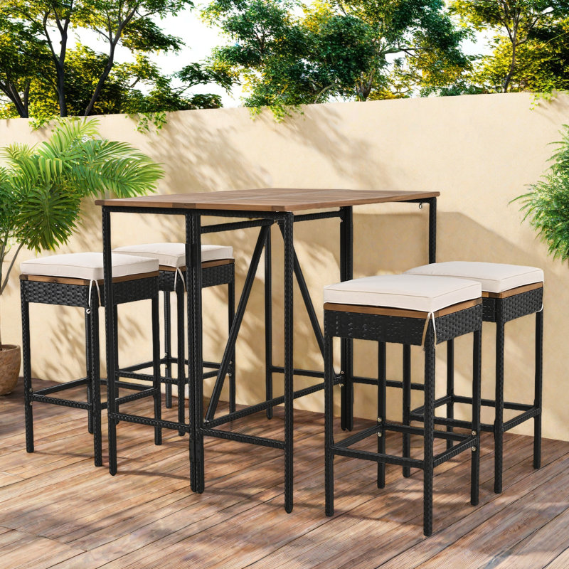 5-piece Outdoor Dining Table Sets Included 1 Foldable Table And Four Stools With Cushions