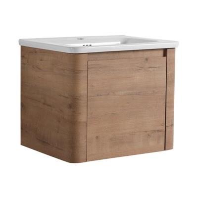 Meuble-lavabo mural avec lavabo en céramique blanche et porte à fermeture en douceur
