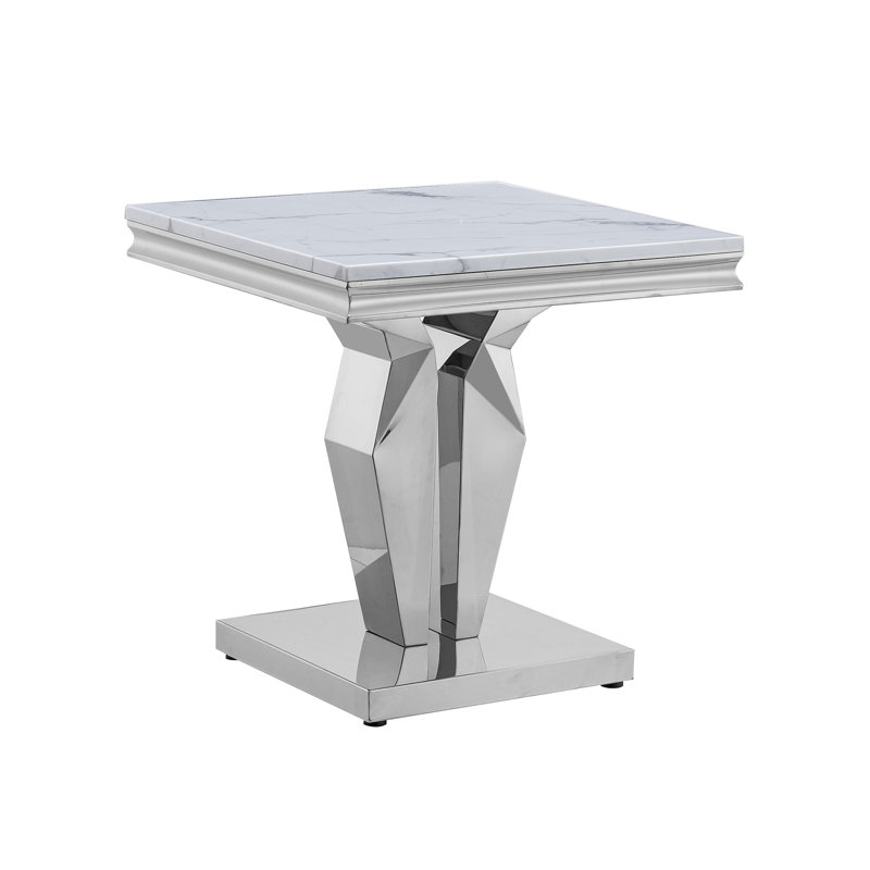 Modern Luxury Faux Marble End Table with Polished Stainless Steel Base Square White Marble Side Table Elegant Small Bedside Table for Living Room Bedroom Office
