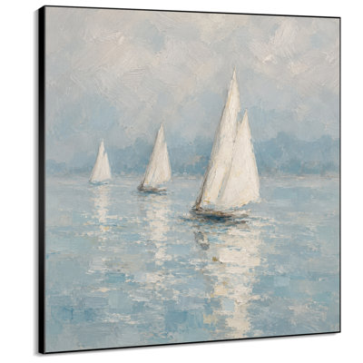 Impression sur tissu grand format - Voiliers blancs sur mer bleue calme pour salon ou chambre - « Assemblage du cadre requis (cadre non fini) »