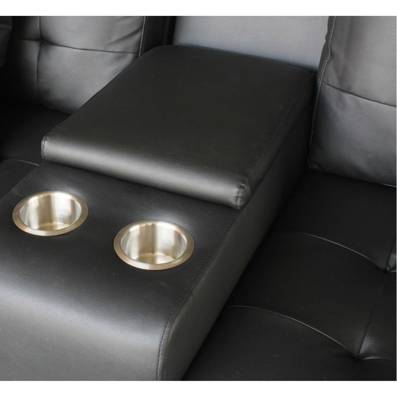 Ensemble de canapé-lit en tissu PVC noir Gemma avec lumières DEL, chargeur USB, console de rangement, porte-gobelets, coussins capitonnés