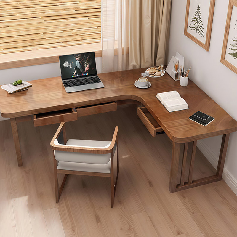 Bureau en bois massif en forme de L brun noyer avec 3 tiroirs, H 29,53 po x l 78,74 po x P 47,24 po, Retour à droite