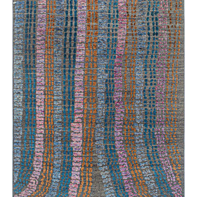 Tapis gris / bleu / rose / orange noué à la main de haute qualité