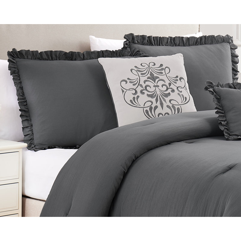 Ensemble d'édredon et coussin décoratif Portland Ruffle, Édredon très grand + 2 taies décoratives + 1 ta, Gris anthracite
