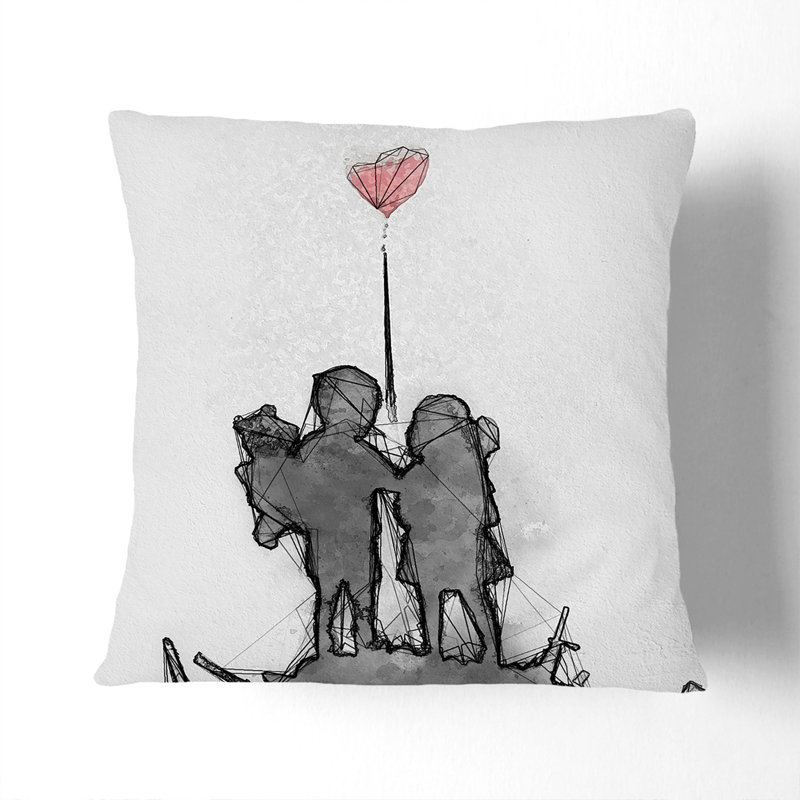 Boy And Girl With Red Balloon In Abstract Square Throw Cushion, 55cm H x 55cm W x 20cm D